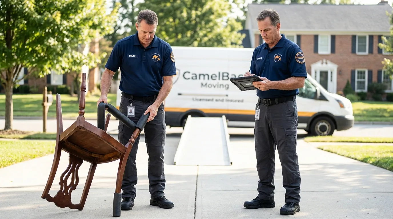Movers inspecting furniture for damage prevention before loading in Bossier City, LA