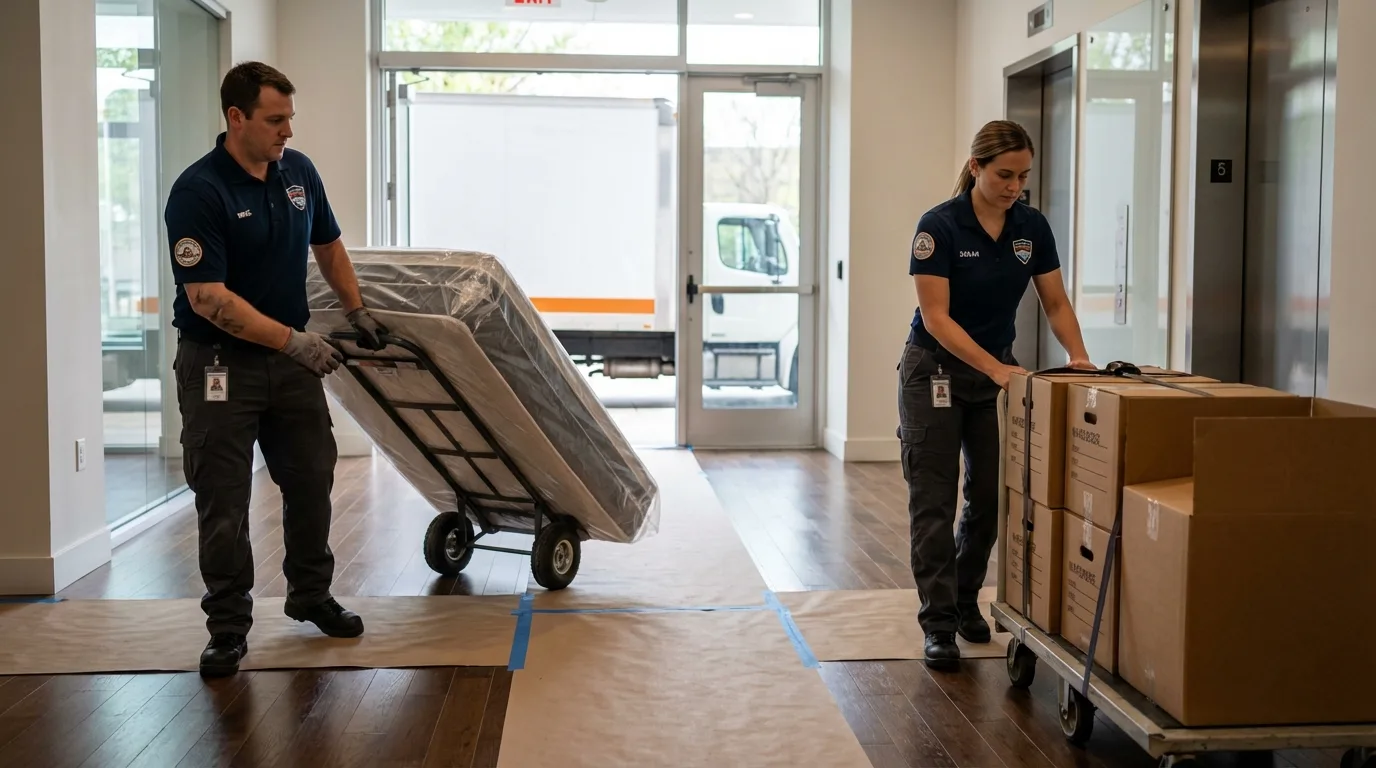 Professional apartment movers loading elevator in Bossier City, LA