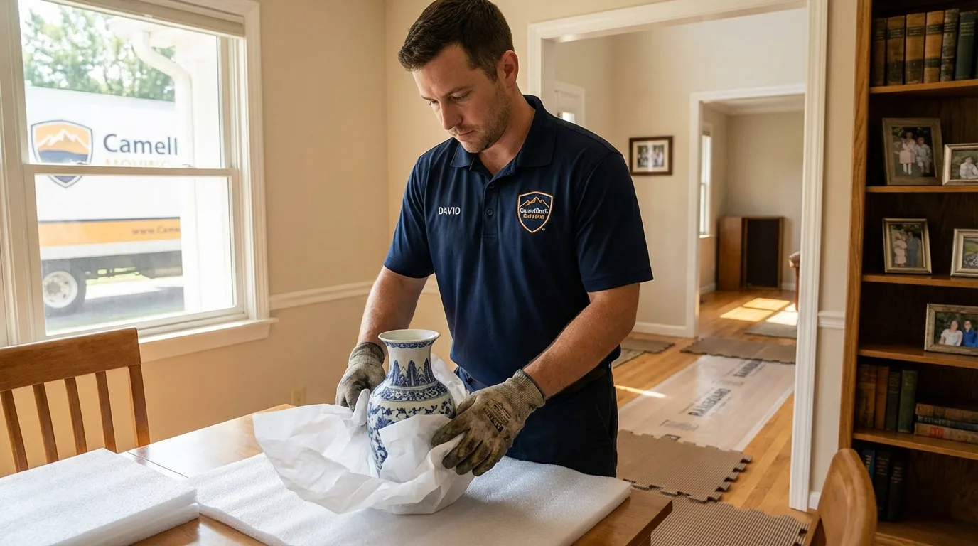 Professional crew carefully wrapping antique vase for senior downsizing move in Bossier City, LA